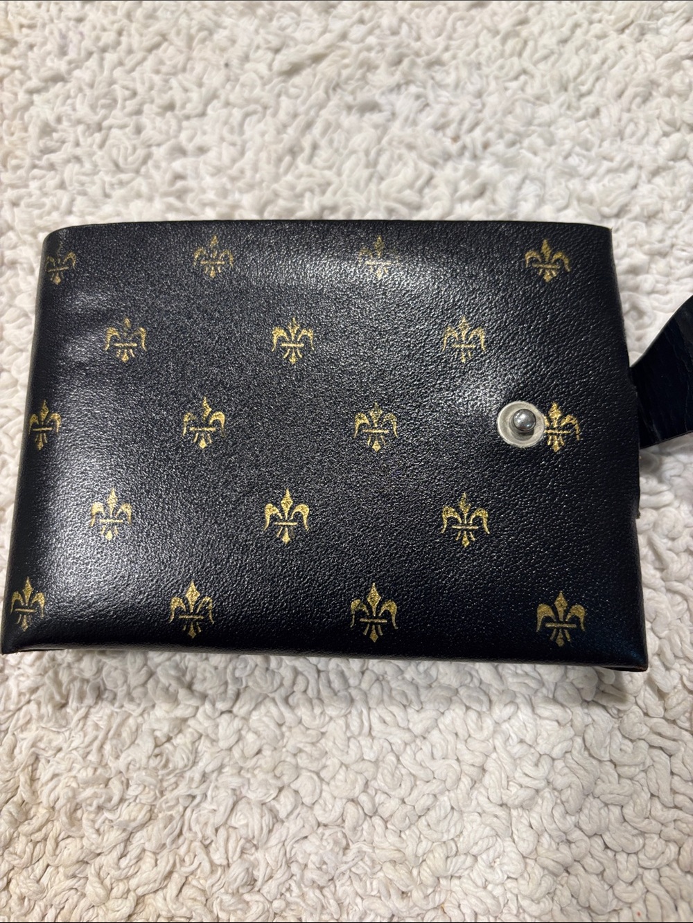 Men’s Vintage black leather bifold wallet all-over gold embossed Fleur-de-Lis